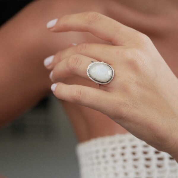 Moonstone Ring, Silver Bohemian Ring, Adjustable Moonstone Gemstone Ring, Rainbow Iridescent Crystal Ring, June Birthstone Ring 1