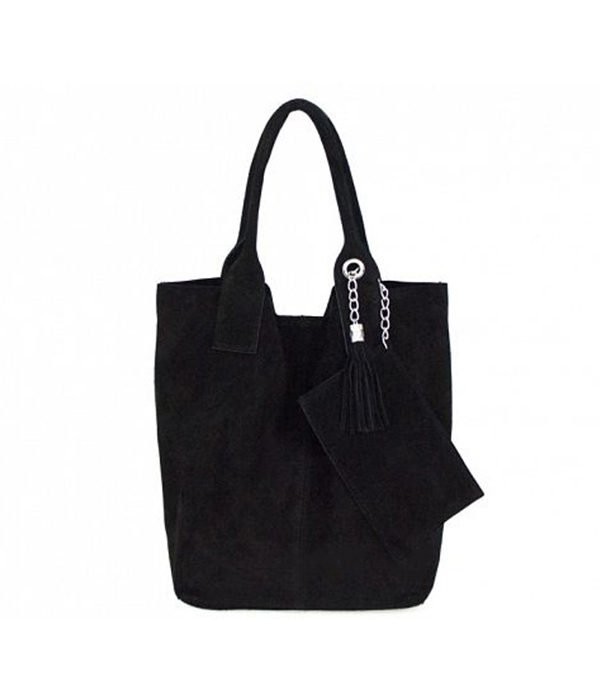 caramella images 0002 Δερμάτινη γυναικεία τσάντα ώμου shopper μαύρη σουέντ arianna black
